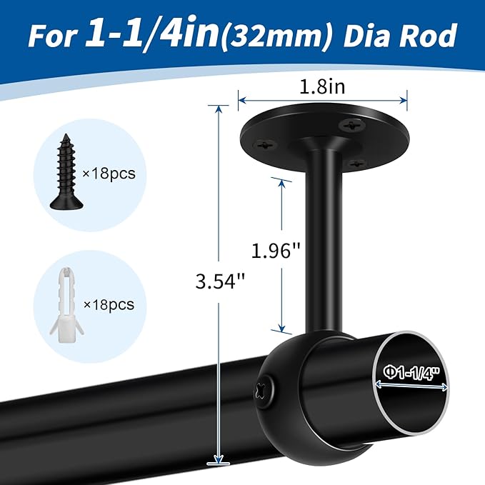 TOKPLNU Ceiling Curtain Rod Bracket, Heavy Duty Ceiling Curtain Rod Holder Black 6 Pack Curtain Rods Hooks Hangers for Wall Drapery Closet Wardrobe Rod Brackets Support for 1 1/4-Inch Drape Poles