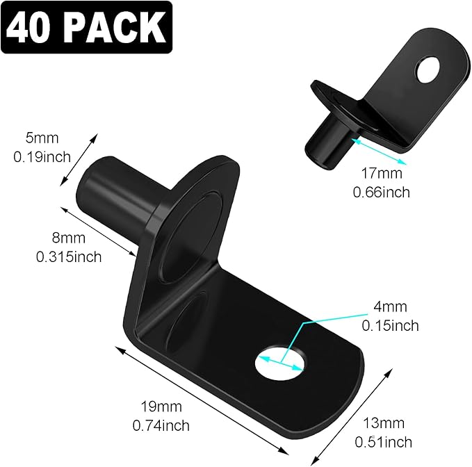 Cerpourt Shelf Support Pegs, 40 Pcs L-Shaped Black Steel Cabinet Shelf Brackets with Hole, 5mm Diameter, for Bookcase, Kitchen, Closet Shelves