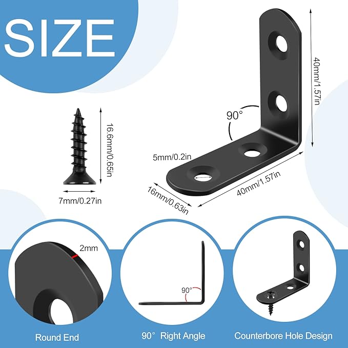 16 Pcs L Bracket Stainless Steel Corner Brace Sets, 90 Degree Right Angle Bracket with 64 Pcs Screws, L Bracket Firmware Can Be Used for Wooden Shelves, Chairs, Tables, Dressers, Furniture (Black)