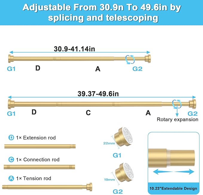 Tension Curtain Rod 30 To 49 Inch Gold Tension Rods Adjustable Spring Loaded Curtain Rods 7/8" Curtains Rods No Drilling Tension Rods For Windows Bedroom Closet Doorway Door 2pcs