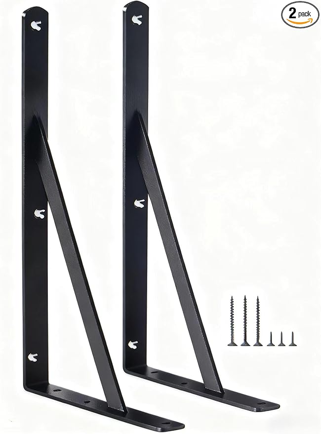 2 Pack L18 x H 12" Black Heavy Duty Shelf Brackets with Screws Metal Shelf Brackets Shelf Support Angle Brackets for Shelves L Brackets Heavy Duty Floating Shelf