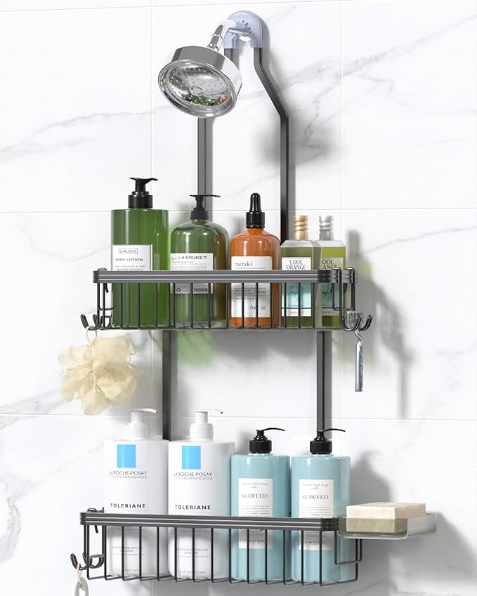 YASONIC Shower Caddy Hanging, Never Rust Shower Organizer Hanging, Aluminum Shower Racks for Inside Shower with Hooks for Razor, Bathroom Organizers and Storage with Soap Holder, Grey