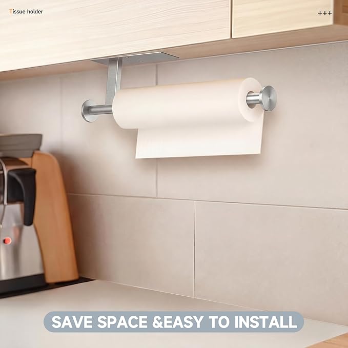 Paper Towel Holder Wall Mount - Self Adhesive No Drill or Drilling, SUS304 Stainless Steel - Kitchen, Bathroom, Sink, Pantry, Fridge (Silver)