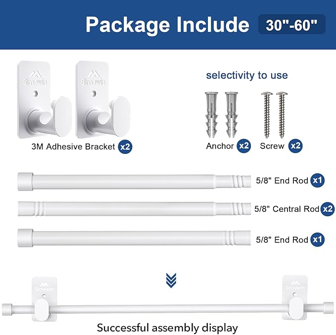 SIMEWIN Curtain Rods No Drilling for Windows 30 to 60 Inches, 5/8 Inch Diameter No Drill Small Curtain Rod Set with 3M Adhesive Brackets, White
