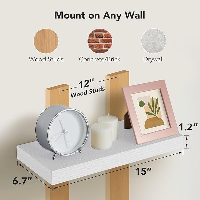 AMADA HOMEFURNISHING Floating Shelves Wall Mounted, 15 x 7 Inch Wall Shelves for Bathroom, Bedroom, Living Room, White Shelves Set of 2
