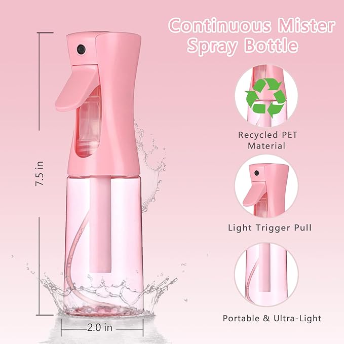 3 Pack Spray Bottles, 2-Pack Continuous Spray Bottles,Fine Water Mist Spray Bottles for Hair 6.8 OZ (200 ML) and 1oz 30ml Travel Spray Bottle Mister for Cleaning,Hairstyling,Plants,Pets Pink Black