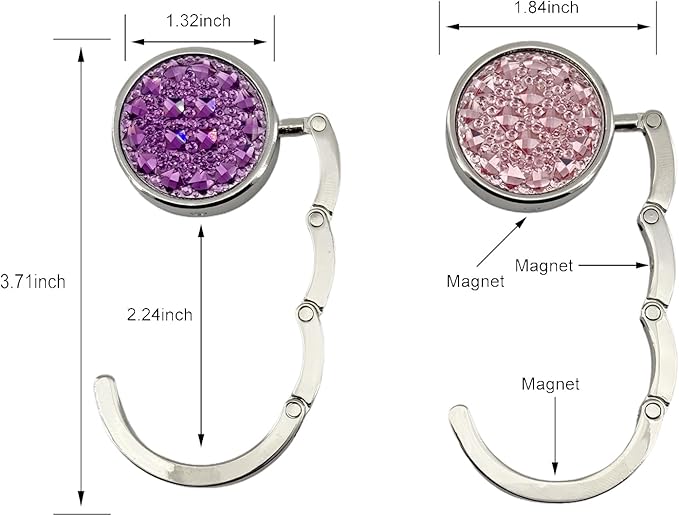 2 Pack Bling Crystal Foldable Purse Hooks for Table & Desk | Women's Handbag Hangers | Anti-Slip & Portable | Perfect for Dining Out & Office Use | Mixed Color (Pink & Purple)