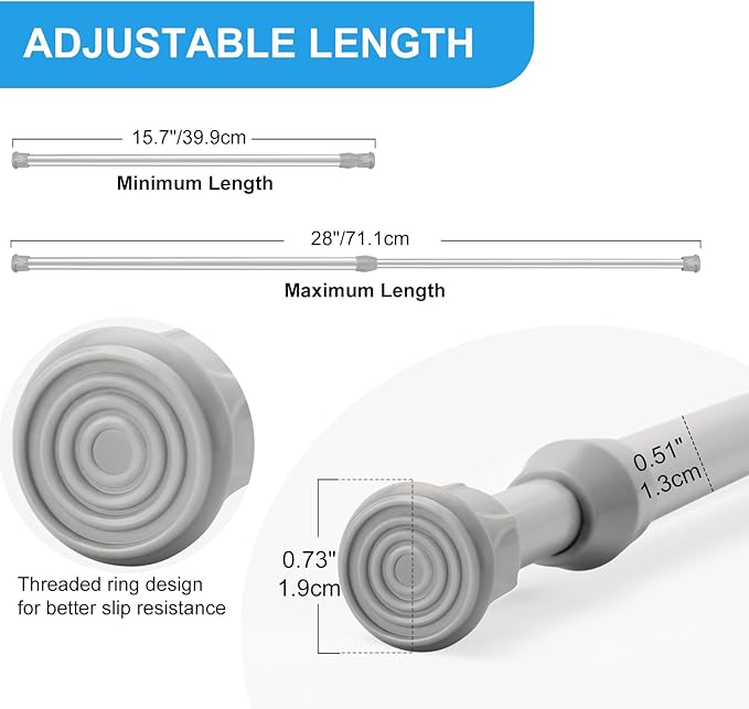 2 Pack Tension Curtain Rod 15.7-28 Inch, Small Short Adjustable Extendable Spring Loaded Rods for Windows Cabinet Blinds Closet Bedroom Kitchen Bathroom Door No Drilling, Silver
