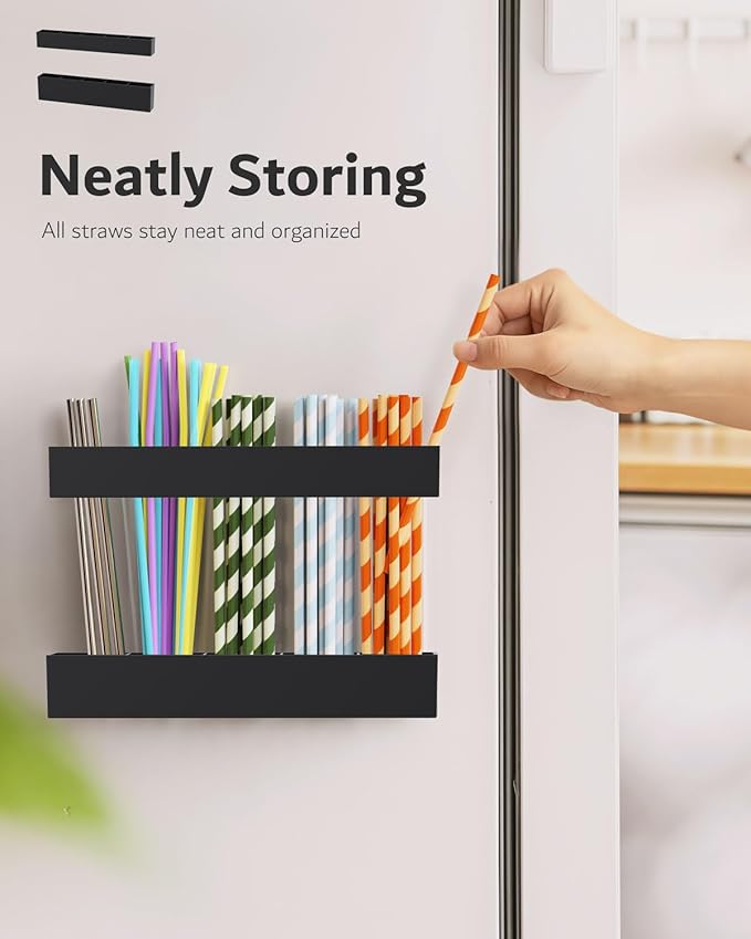 Magnetic Acrylic Straw Holder for Fridge - 5 Slot Sturdy Kitchen Organizer, Adhesive-Free Refrigerator Storage for Metal, Glass, Silicone Straws & Utensils (Black-Magnetic Type-5C)