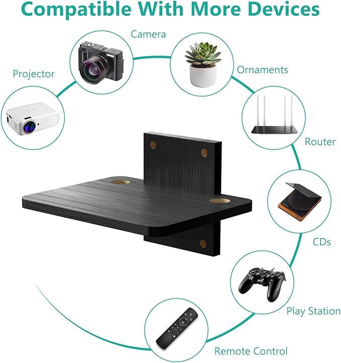 WALI Floating TV Shelf, 1 Tier Projector Shelf for DVD Players, Routers, Game Consoles, Cable Boxes, Living Room Decor Accessories, Wall Mount Shelves Holds Up to 22lbs (CS201NB), 1-Shelf, Black