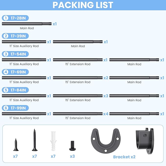 Closet Rods for Hanging Clothes, 17 to 84 Inch Stepless Adjustable Closet Rod, 1.3 Inch Diameter Metal Heavy Duty Closet Hanging Rod for Closet Wardrobes Laundry RV, Black
