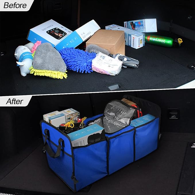 8sanlione Trunk Organizer, Large Capacity Cargo Storage with Insulation Cooler, Foldable for Cars, Vehicles, SUVs, Trucks, Automotive Interior Organizer (Blue)