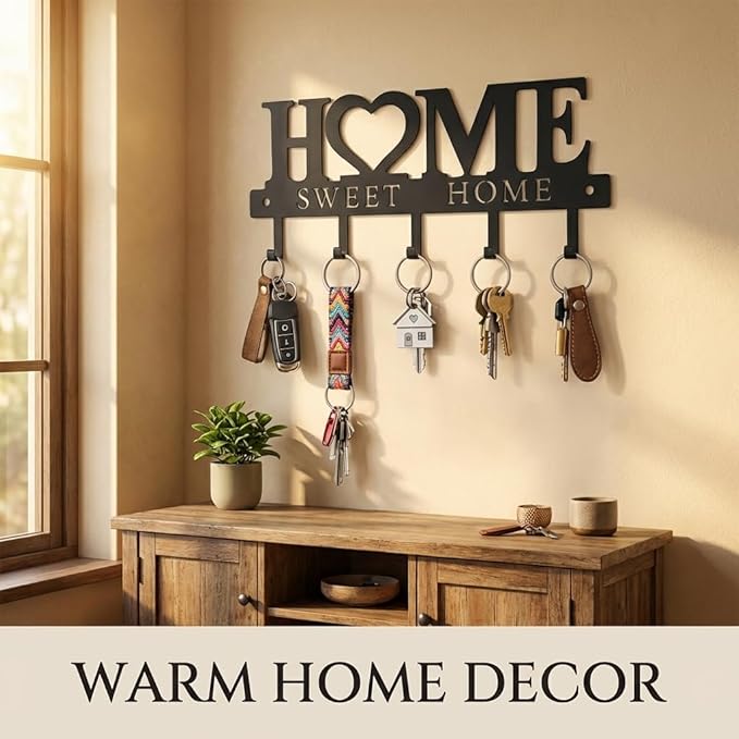 Key Holder Hooks Organizer Hanger Rack Wall Mounted Sweet Home Metal Decor Stylish and Practical for Entryway Front Door Kitchen Hallway Garage Mudroom Office Hardward Included Black (Sweet 13 inches)