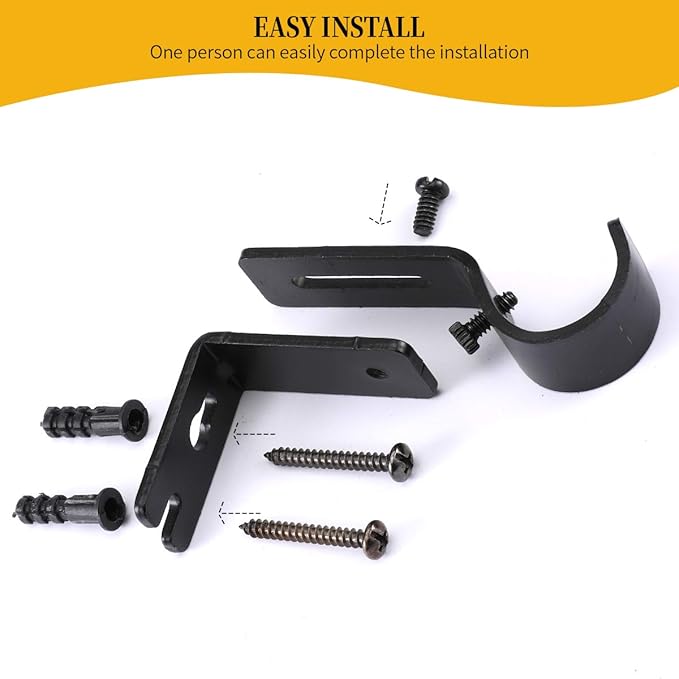 Heavy Duty Adjustable Curtain Rod Brackets Holders - 1 Inch Rod, Black Color, (Set of 2)