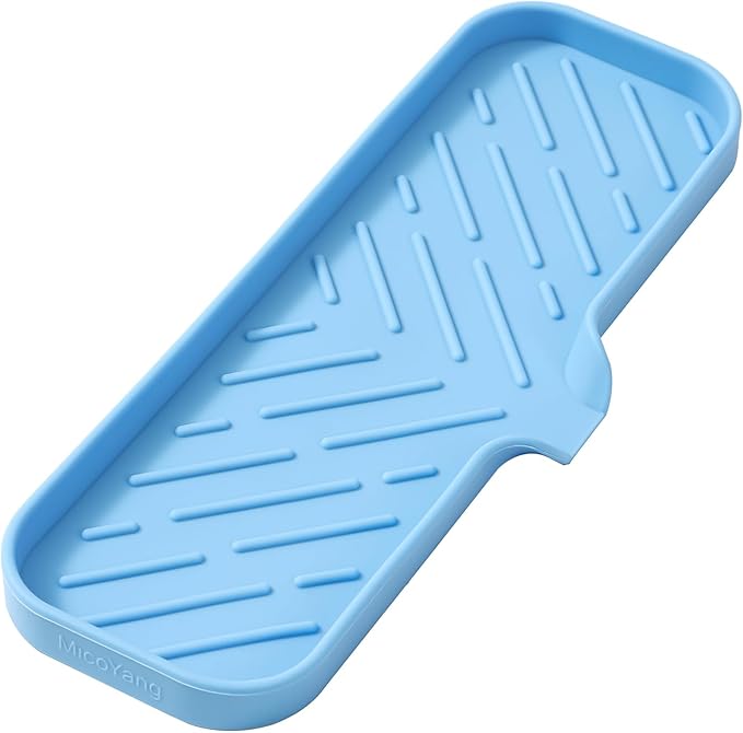 MicoYang Silicone Soap Dish with Drain Spout — Self-Draining Double Sink Organizer Tray for Kitchen & Bath, Dispensers, Sponges & Soap Holder, Non-Slip & Dishwasher Safe, Light Blue (Large, 12"×4")