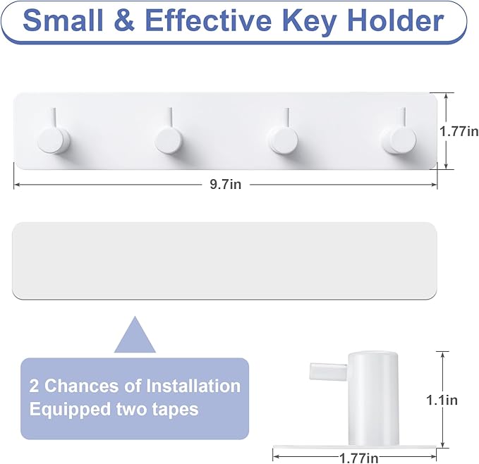 Key Holder with 4 Hooks,Key Hanger Organizer for Wall Mount with 2 Self-Adhesive Tapes,Metal Key Rack for Entryway, Door, Bathroom, Kitchen(White)