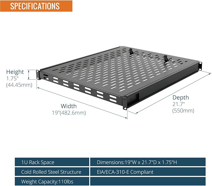 Tecmojo 1U Sliding Rack Shelf,4-Post Vented Rack Mount Shelf,21.7in Deep with Adjustable Mounting Depth 21.7-35.4in,Supports to 110lbs,for 19 Inch AV/Network Equipment Rack,Unassembled,Black