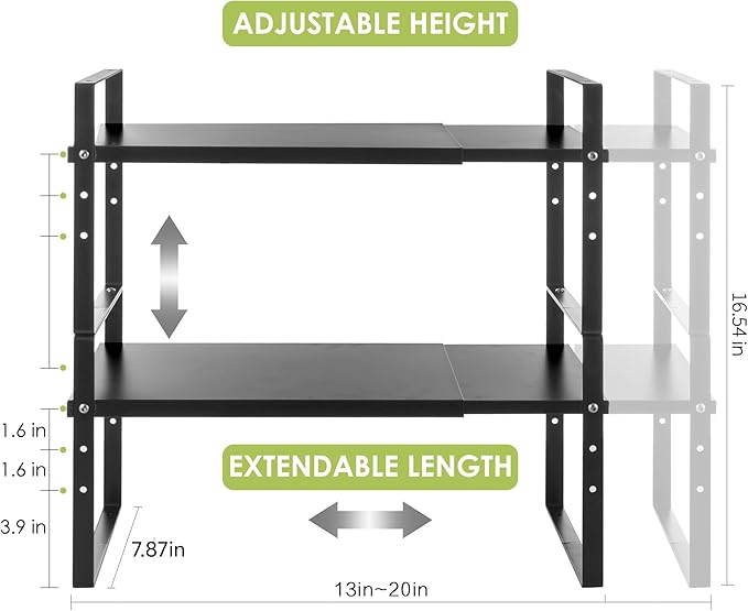 Expandable Cabinet Shelf Organizer Rack, Stackable Kitchen Counter Storage Shelves Stand, Adjustable Height Pantry Shelf Spice Rack (Black, 2 Pack)