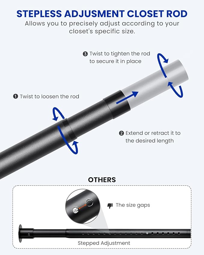 Closet Rods for Hanging Clothes, 17 to 84 Inches Stepless Adjustable Metal Closet Rod, 1.3 Inches Heavy Duty Clothes Hanging Rod for Closet Wardrobes Laundry RV, Black
