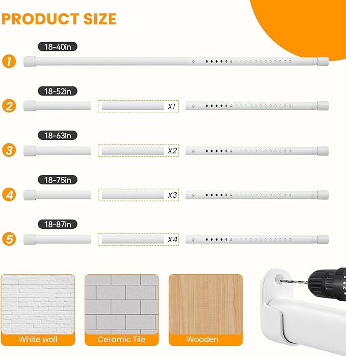 Oval Closet Rod for Hanging Clothes Adjustable Closet Rods 18 to 63 Inch Heavy Duty White Poles Bar Closet Rod Expandable for Wardrobes Laundry RV