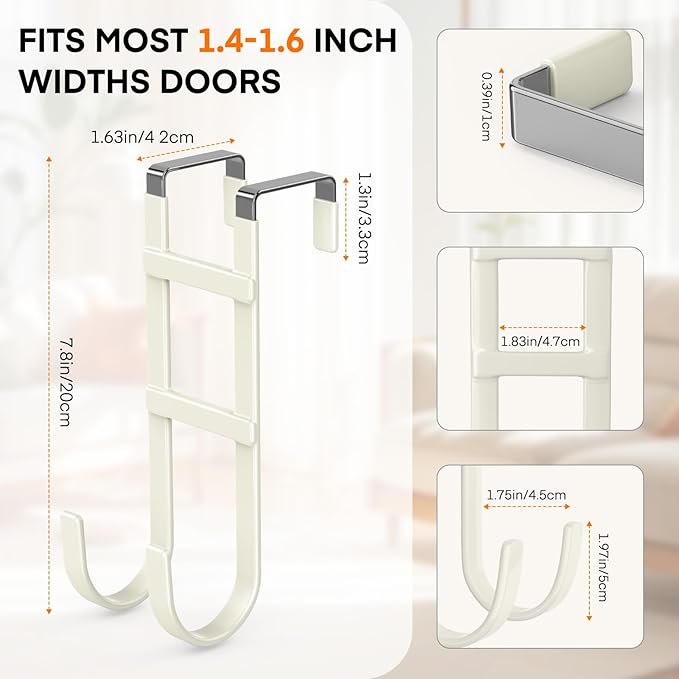 FYY Over The Door Hooks - 4 Pack Heavy Duty Double-Hanger Organizer for Bathroom Bedroom Dorm, Hanging Clothes Towels Hats Bags Ironing Board Wreath Robe - Fits Interior Doors Up to 1.6” Beige