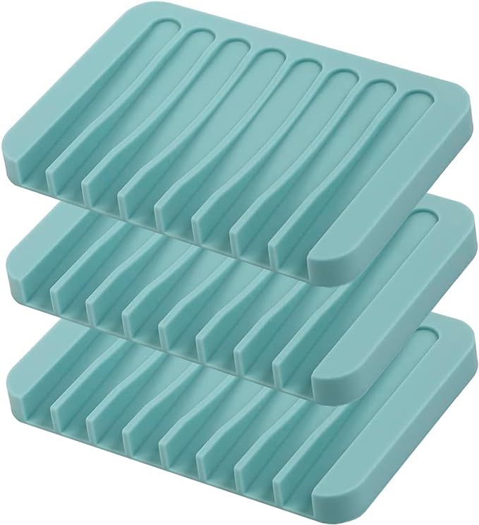 Self Draining Soap Dishes, 3 Pcs Silicone Soap Saver, Waterfall Drainer Soap Holder for Bathroom, Extend Soap Life, Keep Soap Bars Dry Clean & Easy Cleaning (Teal)