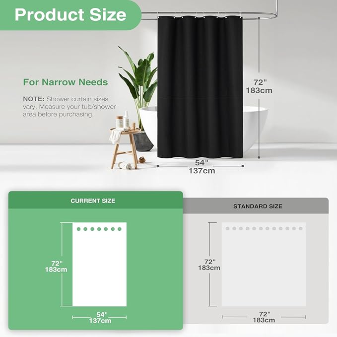 Dynamene Stall Fabric Shower Curtain - 54 inch Wide Waffle Weave Weighted Thick Cloth Shower Curtains for Bathroom, Neutral Heavy Duty Hotel Spa Luxury Bath Curtain Set with 10 Hooks, 54x72, Black