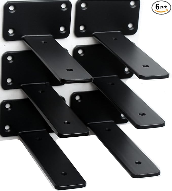 6 Pack - 5 inch Black Hidden L Shelf Bracket (1/5 Inch Thicked) Iron Floating Shelf Brackets Rustic Industrial Metal Brackets for Shelf Support