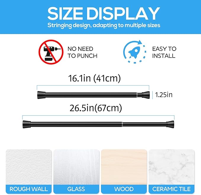 2 Pack Spring Tension Rods 18-26 Inches, 7/8 Inch Diameter Black No Drill Spring Loaded Adjustable Extendable, Small Short Tension Curtain Rod for Windows Kitchen Doorway Closet Cupboard