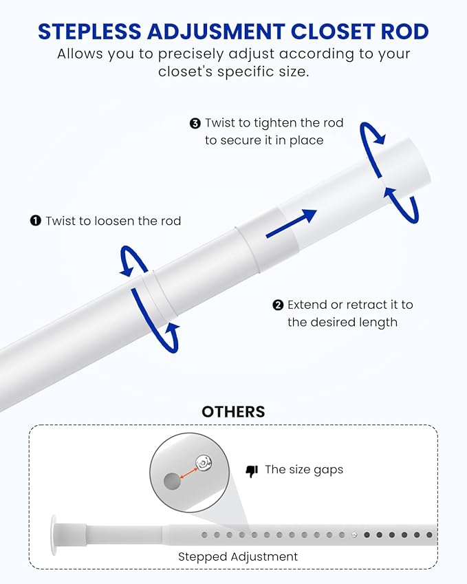 Closet Rods for Hanging Clothes, 17 to 99 Inches Stepless Adjustable Metal Closet Rod, 1.3 Inches Heavy Duty Clothes Hanging Rod for Closet Wardrobes Laundry RV, White