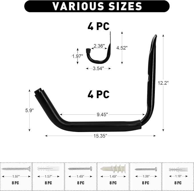KURUI Heavy Duty Garage Storage Hooks, 100 LB (15") Wall Mount Kayak Rack for Hanging Indoor/Outdoor, 8 Pack Large Wall Hook for Ladder Surfboards, Black Organization Hangers, Kayak Accessories
