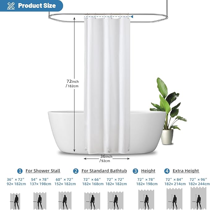 1 Pack Water-Repellent Fabric Shower Curtain Liner - Hotel Quality Machine Washable, 3 Heavy-Duty Magnets with Rustproof Grommets & Weighted Hem, Standard Size 36x72in White