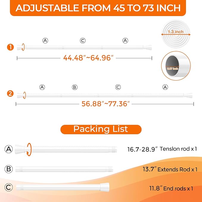 Spring Tension Curtain Rod 45 to 76 Inch 7/8" Diameter No Drilling Adjustable White Curtain Rods for Window Doorway Closet Door Kitchen Bathroom