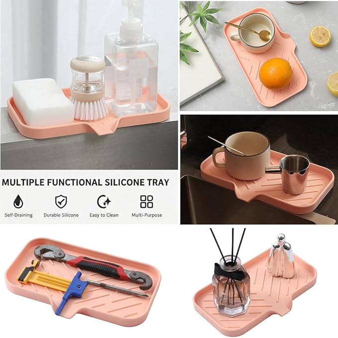 MicoYang Silicone Soap Dish with Drain Spout — Self-Draining Sink Organizer Tray for Bathroom & Kitchen, Sponges, Dispensers & Soap Holder, Non-Slip & Dishwasher Safe, Pink (Medium, 9.6"×5.3")
