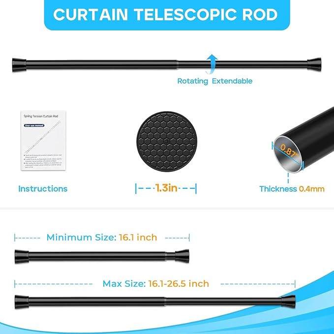 2 Pack Black Small Tension Curtain Rod 16-26 Inch,7/8" inch Adjustable Short Curtain Rod No Drilling,Spring Curtain Rod for Windows Kitchen Closet Doorway