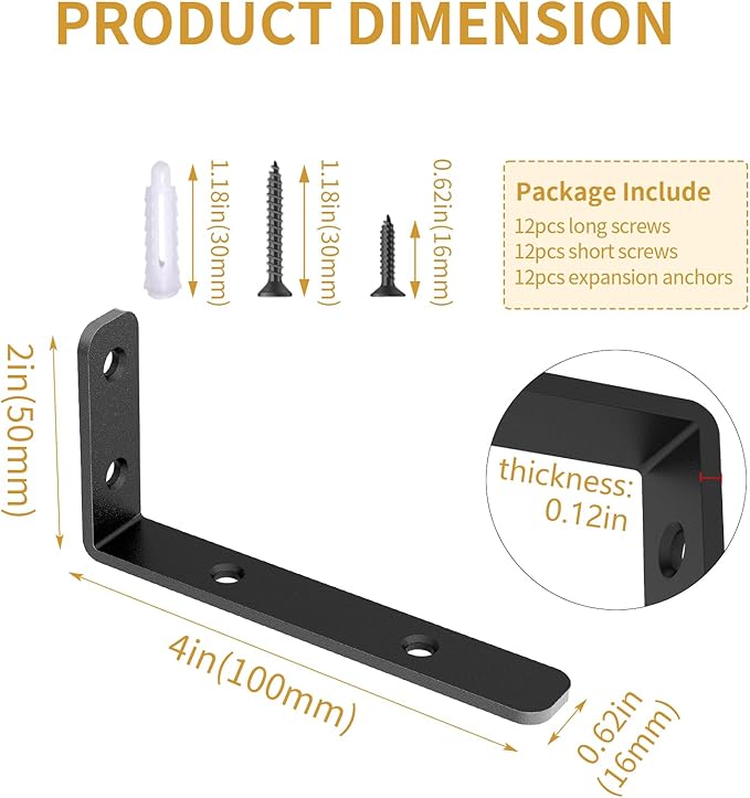 LSK 6PCS L Bracket, 4"×2"(100×50mm) Shelf Support Corner Bracket for Wooden Board, Max Load : 42lb, Black