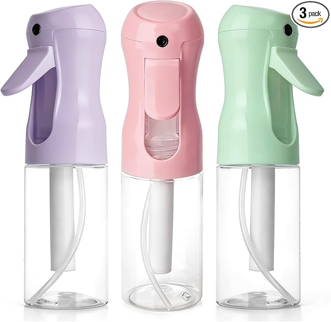 3Pcs Continuous Spray Bottles For Hair,Ultra Fine Mister for Hair Styling, Plants, Cleaning, Salon, Misting & Skin Care (200ML Green+Pink+Purple)