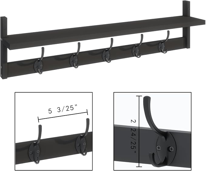BAMEOS Wall-Mounted Shelf with Hooks - 28.9 Inch Entryway Hanging Shelf with 5 Dual Hooks for Bathroom, Living Room, Bedroom (Black)