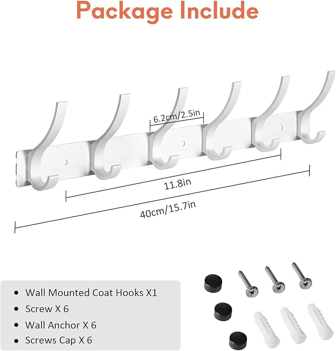 Optish Coat Rack Wall Mount, Coat Hook Wall Mount, Wall Hooks for Hanging, Hat Rack for Walls, Coats Hanger with 12 Hook, Towel Hooks for Bathrooms (1 Pack, Silver)