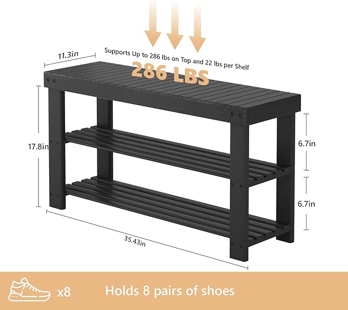 Sweetcrispy Shoe Rack Bench, 3-Tier Bamboo Entryway Storage Organizer, 286lb Capacity, Shoes Stand for FrontDoor Entrance, Bedroom, Living Room, Bathroom, Balcony, 35 Inches Length, Black