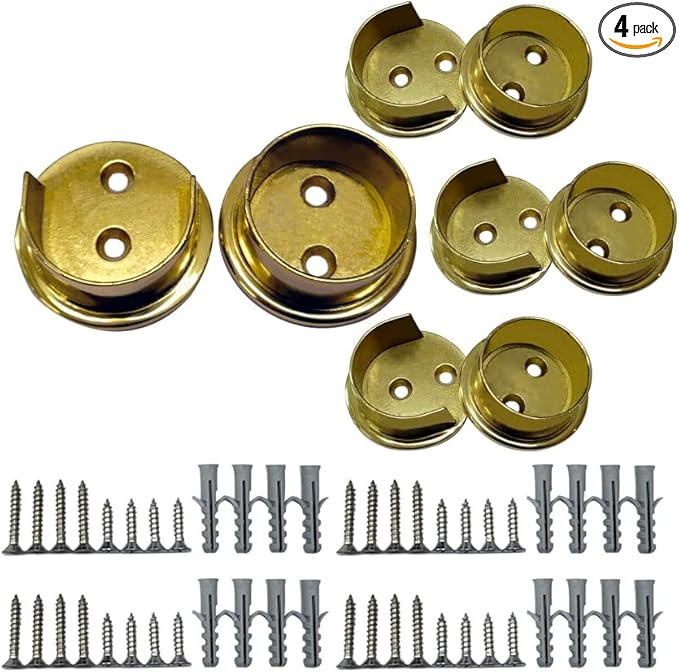 QCAA Premium Solid Brass Closet Pole Socket Set, Heavy Duty, 1-1/2 inch, with Stainless Screws, Polish Brass Lacquered, 4 Pairs, Made in Taiwan