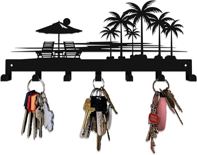 Tropical Style Key Holder Wall Mount with 7 Hooks, Key Hanger Organizer for Front Door, Hallway, Entryway & Office Decor, Featuring Sunset and Coconut Tree Design