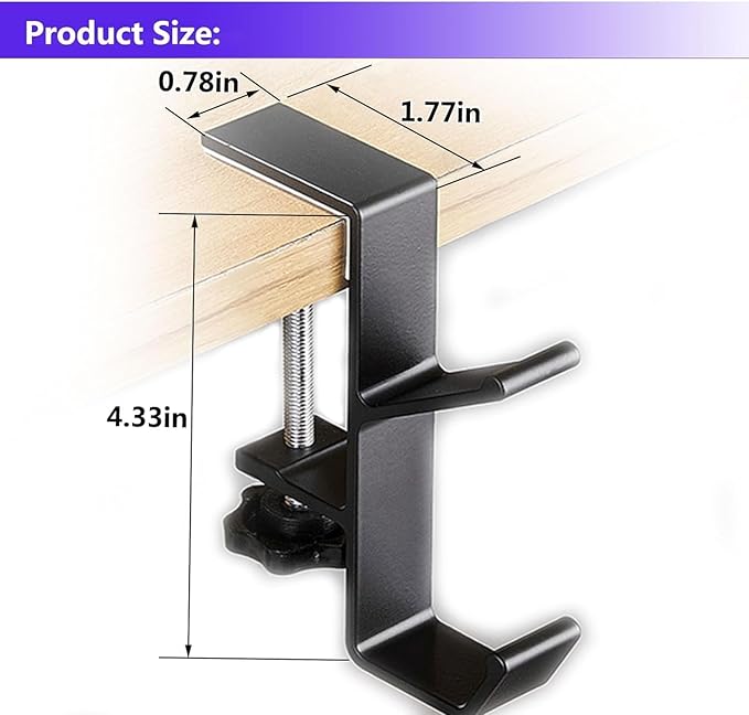 YUANQIAN Clamp-On Under Desk Headphone Holder Backpack Hook Students' Desk Hook with Adjustable Arm Clamp Women's Bag Handbag and Purse Holder -Suitable for Plate Between 1-5cm (4Pack Black, 4)