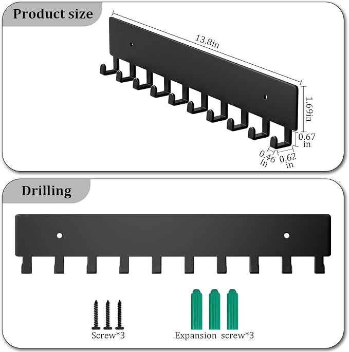 Key Holder Wall Mount with 10 Hooks - Key Rack Organizer for Entryway, Kitchen & Office, Screw-in Mounting 2 Pack 14 Inch