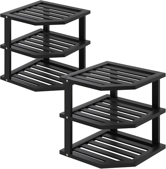 VERTORGAN 3 Tier Bamboo Corner Shelf(2 Pack),Dish Drying Rack,Plate Organizer,Kitchen Spice Rack for Countertop and Cabinet(Black)