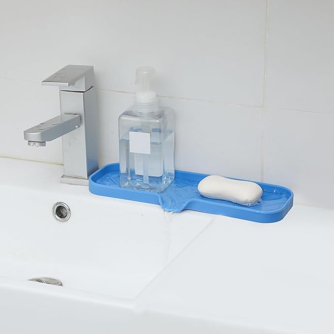 MicoYang Silicone Soap Dish with Drain Spout — Self-Draining Double Sink Organizer Tray for Kitchen & Bath, Dispensers, Sponges & Soap Holder, Non-Slip & Dishwasher Safe, Lichen Blue (Large, 12"×4")