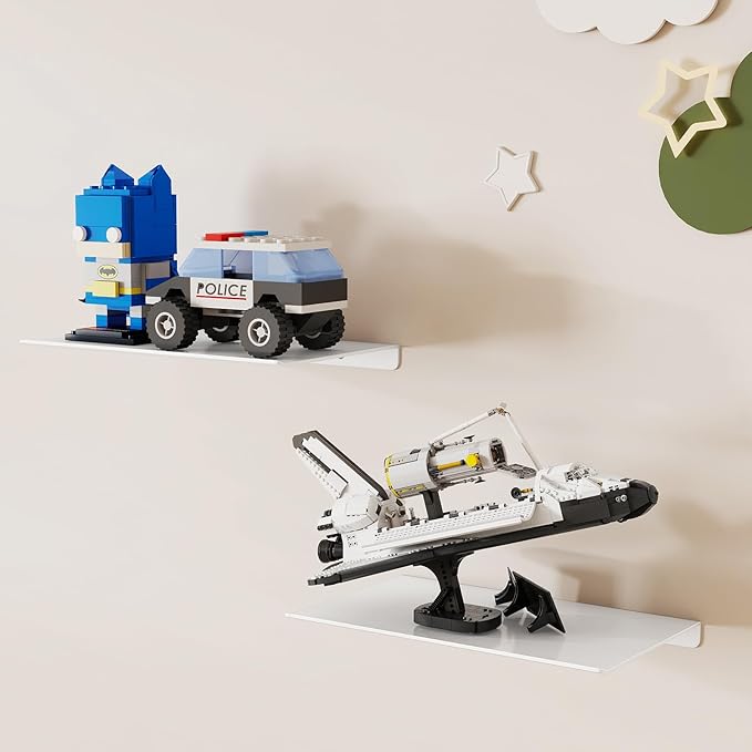 MKO 8" Small Floating Shelves for Wall, Metal Wall Mounted Shelf for Bathroom, Bedroom, Living Room, Kitchen, Little Hanging Shelves for Books/Storage/Room Decor 2 Packs, White