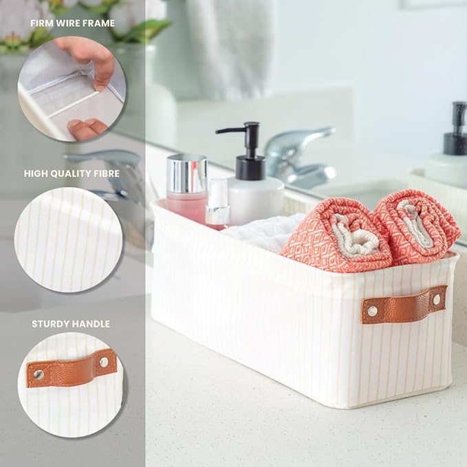 OrganiHaus Narrow Fabric Storage Baskets 2 Pack, Narrow Storage Bins for Shelves, Closet Storage Bins for Pantry Entryway Bathroom, Cloth Canvas Basket, White/Brown
