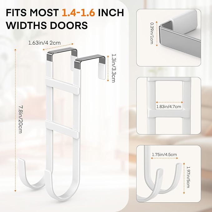 FYY Over The Door Hooks - 2 Pack Heavy Duty Double-Hanger Organizer for Bathroom Bedroom Dorm, Hanging Clothes Towels Hats Bags Ironing Board Wreath Robe - Fits Interior Doors Up to 1.6” White
