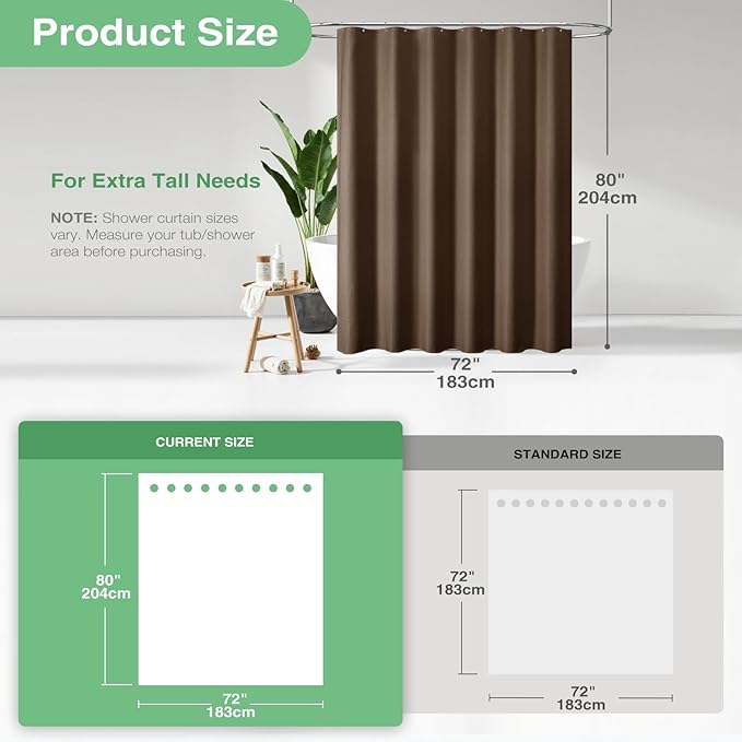 Dynamene Long Fabric Shower Curtain - Waffle Textured Tall Heavy Duty Cloth Shower Curtains for Bathroom, 256GSM Large Hotel Spa Luxury Bath Curtain Set with 12 Plastic Hooks(72Wx80H, Brown)